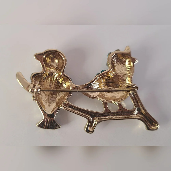 Vintage Gold Tone Brooch With Blue‎ Rhinestones And Enamel, Birds On A Branch - Picture 5 of 5